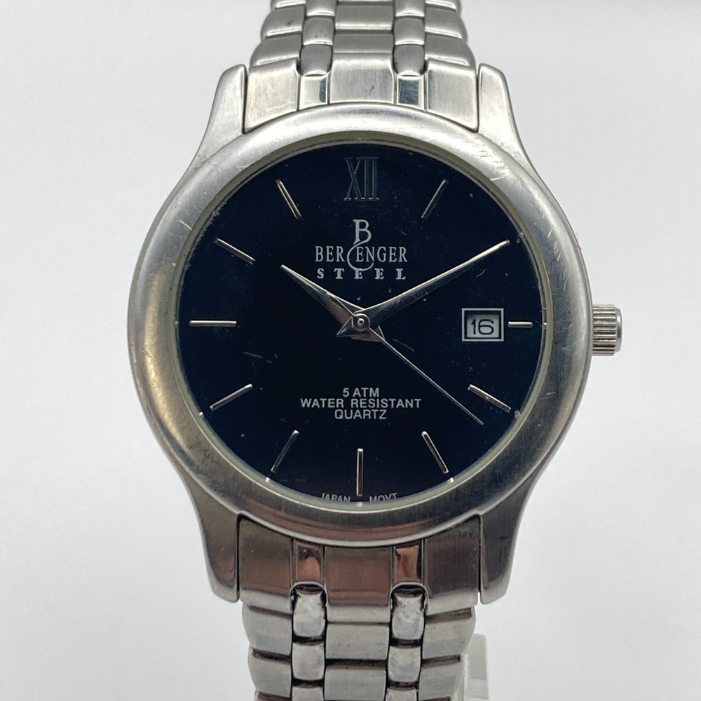 Vintage Berenger Steel Men's Watch 35mm Silver Tone Date 50M New Battery 8.75"